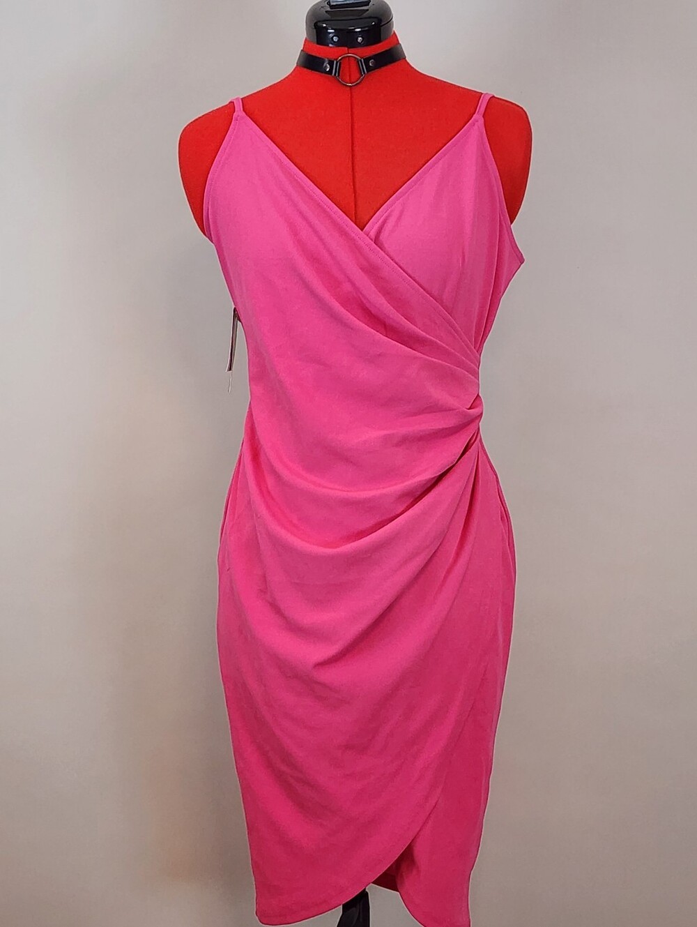 Pink Ruched Bodycon Midi Dress Women Size M Cami V-Neck Cocktail NWT